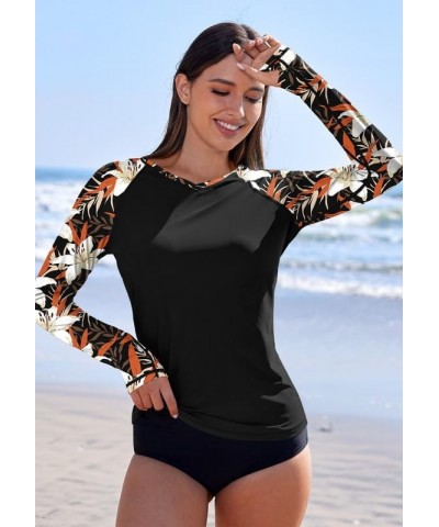 Women's V Neck UV Protection Long Sleeve Thumb Hole Rash Guard Black & Lily Floral $16.19 Swimsuits