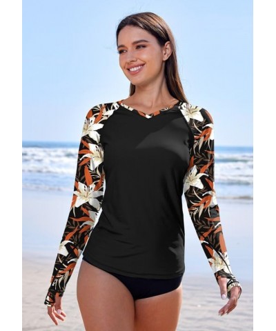 Women's V Neck UV Protection Long Sleeve Thumb Hole Rash Guard Black & Lily Floral $16.19 Swimsuits