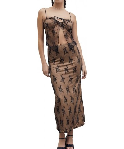 Skirt Sets Women 2 Piece Outfits Sexy See Through Lace Strapless Tube Tops Bodycon Maxi Skirt Y2K 2Pcs Skirt Set E-brown $10....