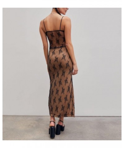 Skirt Sets Women 2 Piece Outfits Sexy See Through Lace Strapless Tube Tops Bodycon Maxi Skirt Y2K 2Pcs Skirt Set E-brown $10....