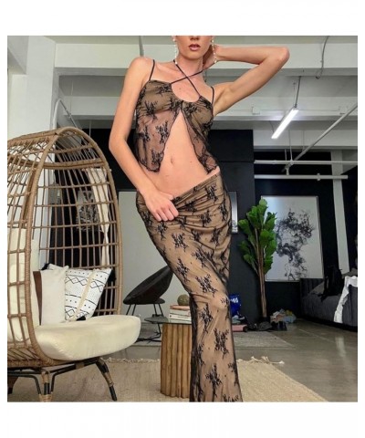 Skirt Sets Women 2 Piece Outfits Sexy See Through Lace Strapless Tube Tops Bodycon Maxi Skirt Y2K 2Pcs Skirt Set E-brown $10....