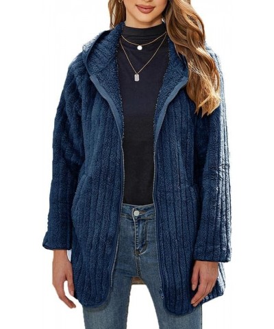 Womens Fuzzy Fleece Sherpa Jacket Full Zip Long Sleeve Flannel Cardigans Coat Outerwear with Hood (S-5XL) Blue $22.78 Jackets