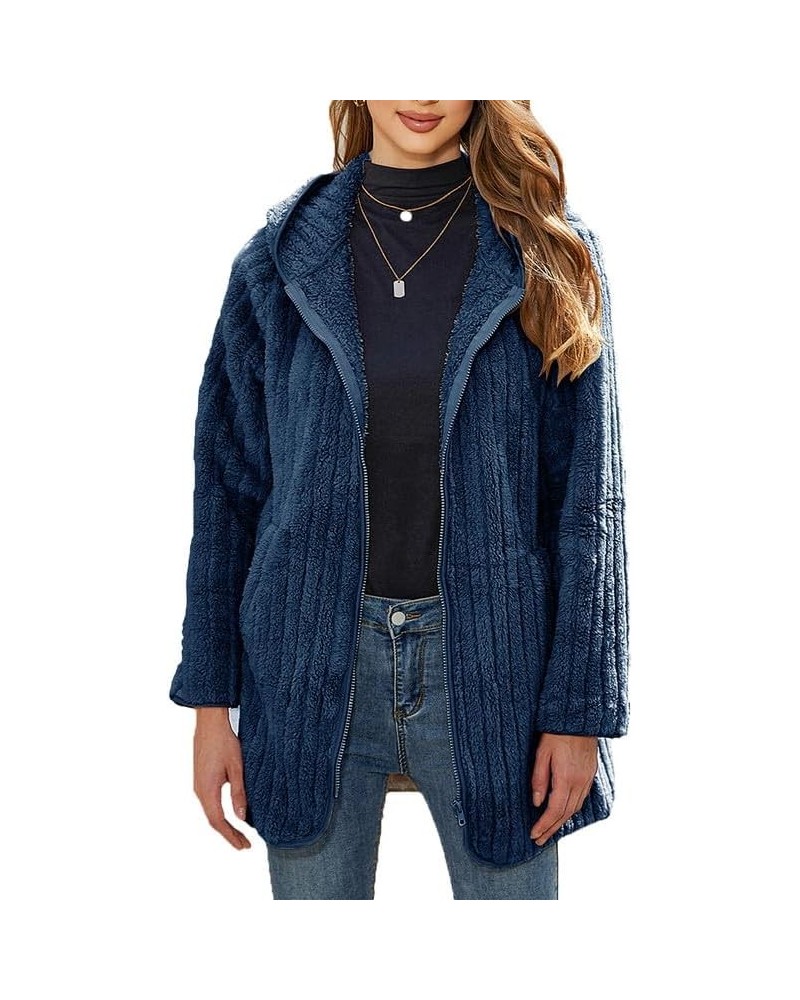 Womens Fuzzy Fleece Sherpa Jacket Full Zip Long Sleeve Flannel Cardigans Coat Outerwear with Hood (S-5XL) Blue $22.78 Jackets