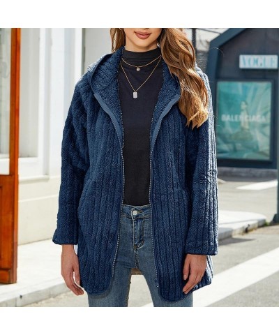 Womens Fuzzy Fleece Sherpa Jacket Full Zip Long Sleeve Flannel Cardigans Coat Outerwear with Hood (S-5XL) Blue $22.78 Jackets