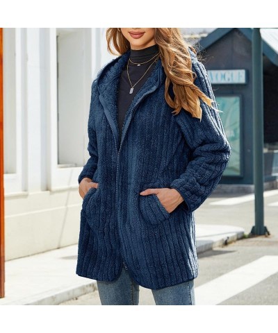 Womens Fuzzy Fleece Sherpa Jacket Full Zip Long Sleeve Flannel Cardigans Coat Outerwear with Hood (S-5XL) Blue $22.78 Jackets