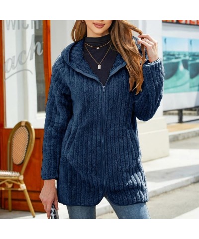 Womens Fuzzy Fleece Sherpa Jacket Full Zip Long Sleeve Flannel Cardigans Coat Outerwear with Hood (S-5XL) Blue $22.78 Jackets