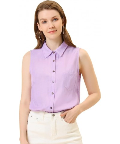 Women's Single Breasted Casual Office Sleeveless Shirt Light Purple $13.80 Blouses