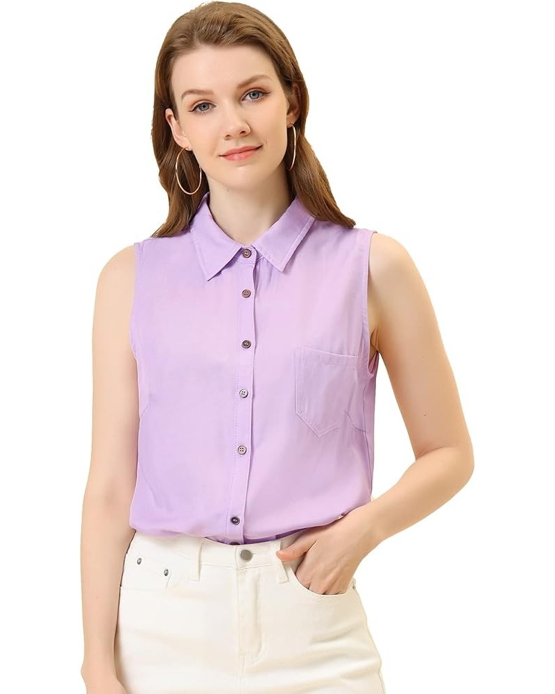 Women's Single Breasted Casual Office Sleeveless Shirt Light Purple $13.80 Blouses