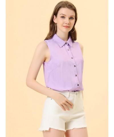 Women's Single Breasted Casual Office Sleeveless Shirt Light Purple $13.80 Blouses