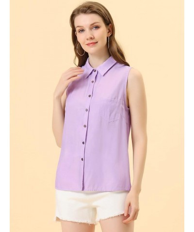 Women's Single Breasted Casual Office Sleeveless Shirt Light Purple $13.80 Blouses