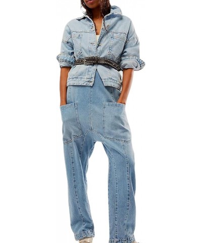 Women's Denim Overall Jumpsuits Sleeveless Backless V Neck Adjustable Straps Jeans Loose Fit Long Pants Rompers Light Blue $1...