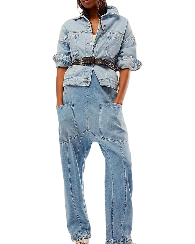 Women's Denim Overall Jumpsuits Sleeveless Backless V Neck Adjustable Straps Jeans Loose Fit Long Pants Rompers Light Blue $1...