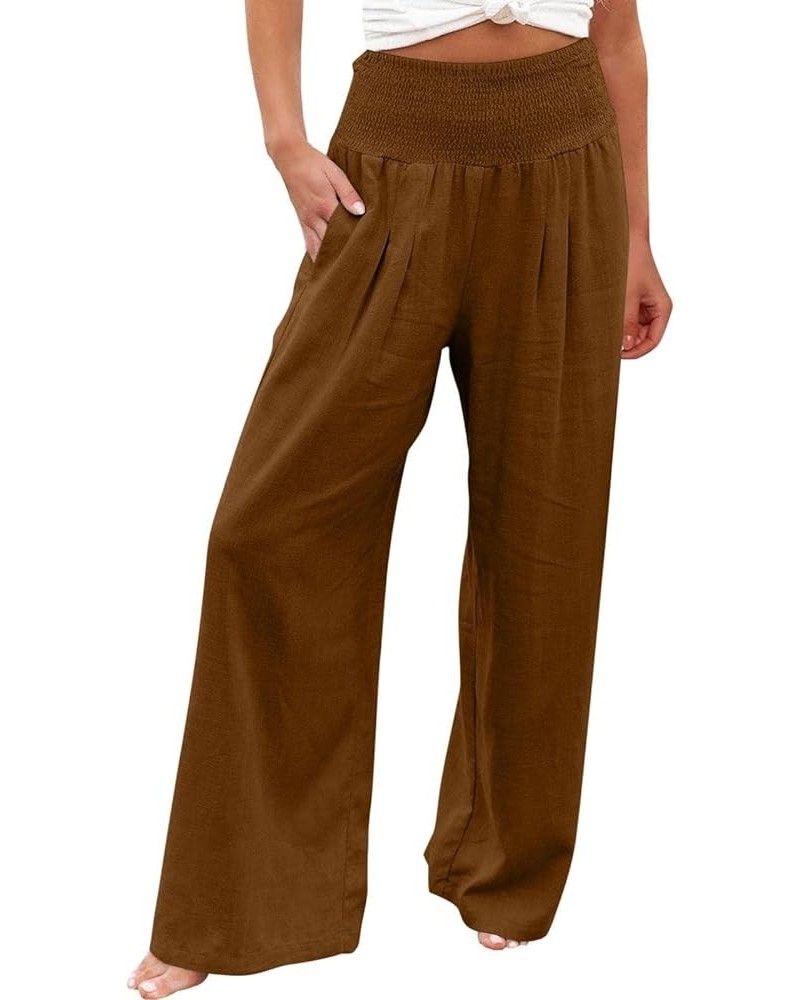 Wide Leg Pants for Women Elastic Waist Pleated Flowy Linen Pants Loose Casual Boho Palazzo Pants with Pockets 2023 8 Brown $7...