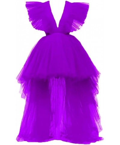 Women's Deep V Neck High Low Prom Dresses Puffy Tulle Party Dress Cocktail Gown Purple $48.30 Dresses