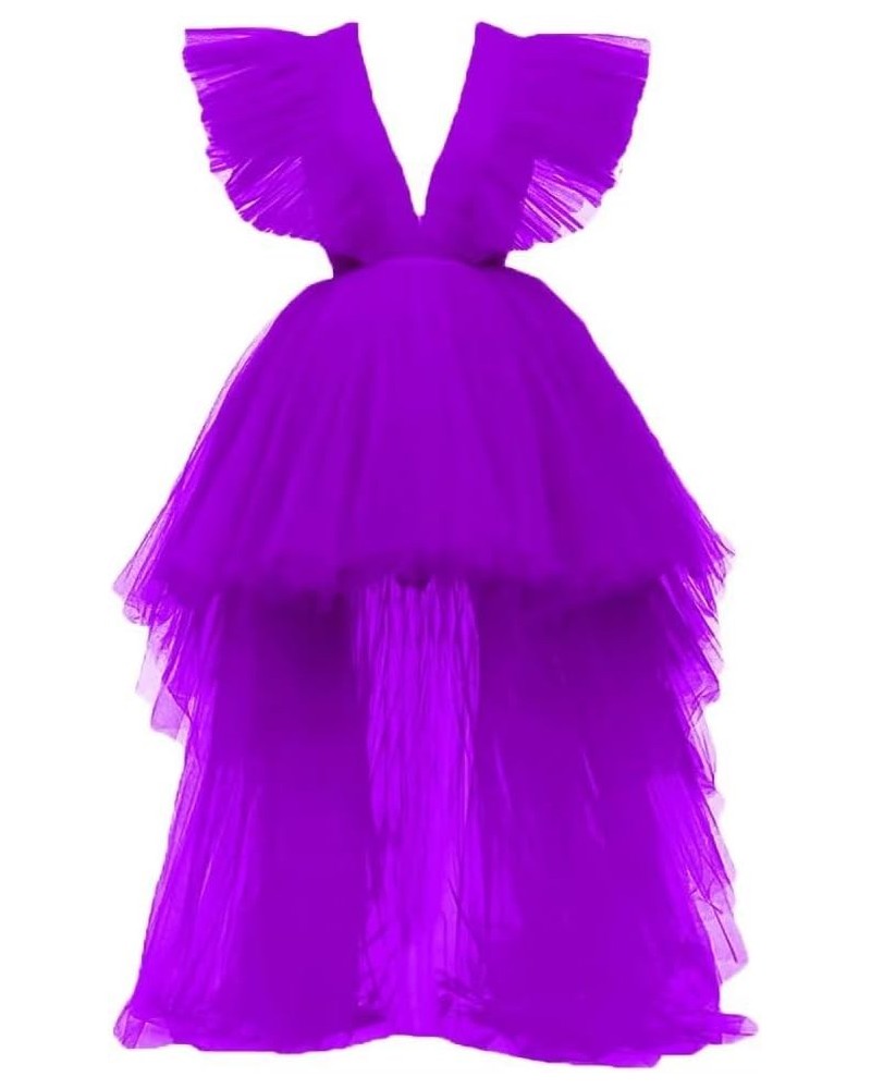 Women's Deep V Neck High Low Prom Dresses Puffy Tulle Party Dress Cocktail Gown Purple $48.30 Dresses