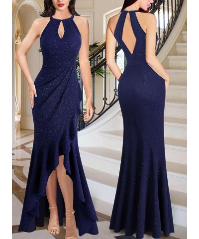 Womens Sexy Halter Neck Formal Cutout Ruffle Slit Ruched Prom Maxi Dress Wedding Guest HI-LO Mermaid Evening Gown Sparkly Nav...