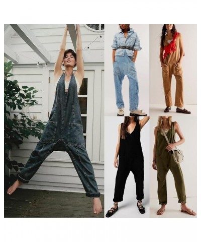 Women's Denim Overall Jumpsuits Sleeveless Backless V Neck Adjustable Straps Jeans Loose Fit Long Pants Rompers Light Blue $1...