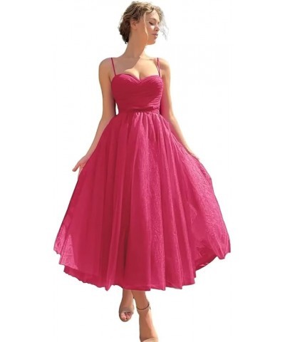 Spaghetti Straps Tulle Prom Dress for Women 2023 Tea Length Teens Formal Evening Party Dress with Pockets YO034 Rose Red $31....