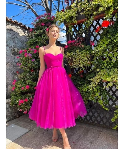 Spaghetti Straps Tulle Prom Dress for Women 2023 Tea Length Teens Formal Evening Party Dress with Pockets YO034 Rose Red $31....