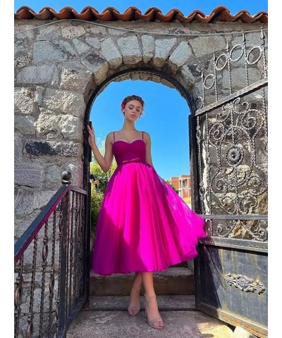 Spaghetti Straps Tulle Prom Dress for Women 2023 Tea Length Teens Formal Evening Party Dress with Pockets YO034 Rose Red $31....