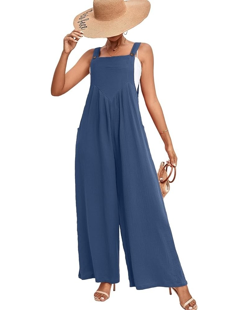 Women's Summer Baggy Wide Leg Cotton Linen Overalls Spaghtti Straps Jumpsuit with Pockets Dusty Blue $21.19 Overalls