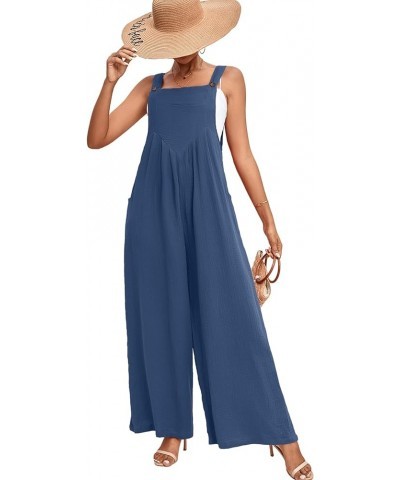 Women's Summer Baggy Wide Leg Cotton Linen Overalls Spaghtti Straps Jumpsuit with Pockets Dusty Blue $21.19 Overalls