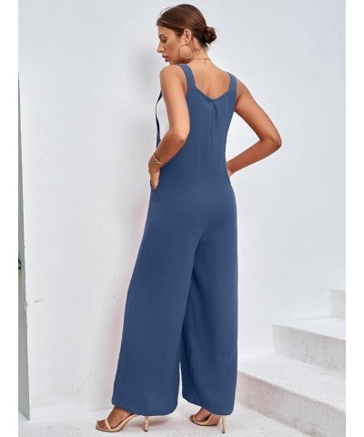 Women's Summer Baggy Wide Leg Cotton Linen Overalls Spaghtti Straps Jumpsuit with Pockets Dusty Blue $21.19 Overalls