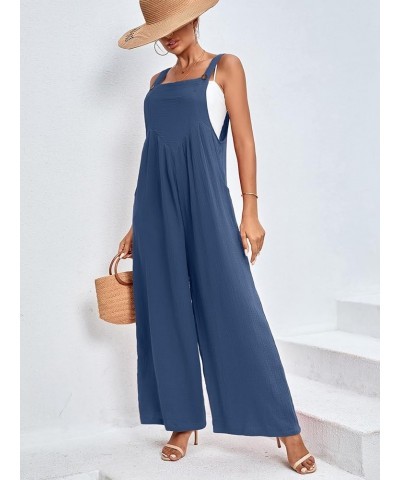 Women's Summer Baggy Wide Leg Cotton Linen Overalls Spaghtti Straps Jumpsuit with Pockets Dusty Blue $21.19 Overalls