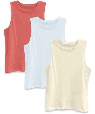 3-Pack Juniors Sleeveless Muscle Tank Tees Bundle 2 - Pink, Blue, Beige $14.50 Tanks