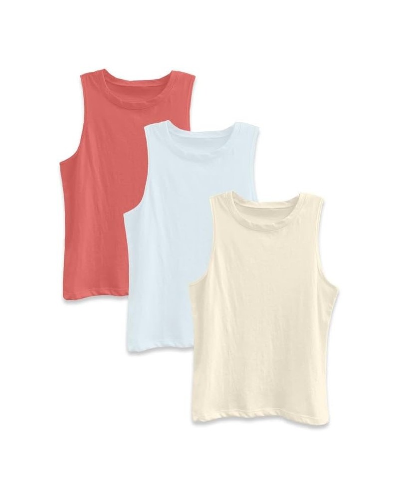 3-Pack Juniors Sleeveless Muscle Tank Tees Bundle 2 - Pink, Blue, Beige $14.50 Tanks