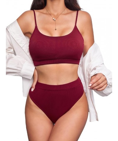 Ribbed Tummy Control 2 Piece Swimsuit High Waisted Bikini Set Cheeky Solid Color Burgundy Red 3 $15.36 Swimsuits