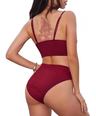 Ribbed Tummy Control 2 Piece Swimsuit High Waisted Bikini Set Cheeky Solid Color Burgundy Red 3 $15.36 Swimsuits