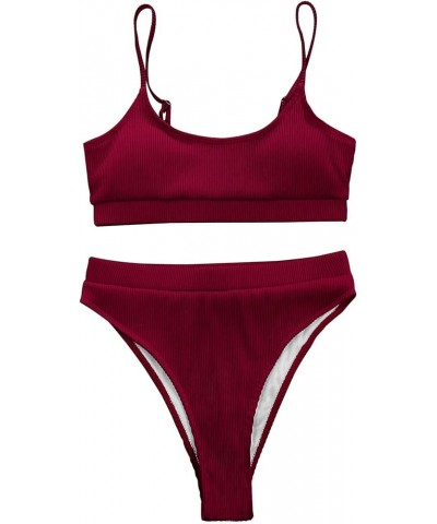 Ribbed Tummy Control 2 Piece Swimsuit High Waisted Bikini Set Cheeky Solid Color Burgundy Red 3 $15.36 Swimsuits