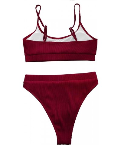 Ribbed Tummy Control 2 Piece Swimsuit High Waisted Bikini Set Cheeky Solid Color Burgundy Red 3 $15.36 Swimsuits