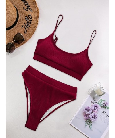 Ribbed Tummy Control 2 Piece Swimsuit High Waisted Bikini Set Cheeky Solid Color Burgundy Red 3 $15.36 Swimsuits