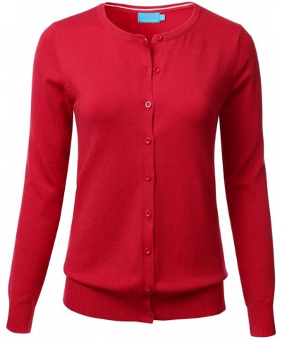 Women's Button Down Crew Neck Long Sleeve Soft Knit Cardigan Sweater (S-3X) Fsw001_red $14.76 Sweaters