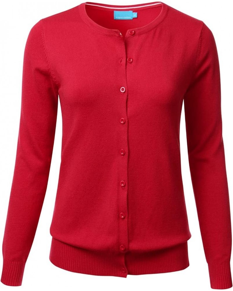 Women's Button Down Crew Neck Long Sleeve Soft Knit Cardigan Sweater (S-3X) Fsw001_red $14.76 Sweaters