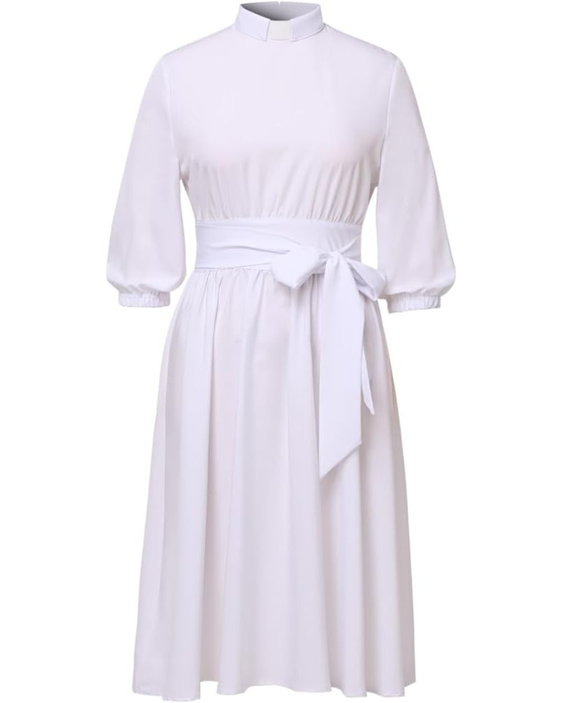 Church Dresses for Women Vintage Audrey Hepburn Style Tab Collar Swing Midi Dress 3/4 Puff Sleeve with Long Belt White $14.16...