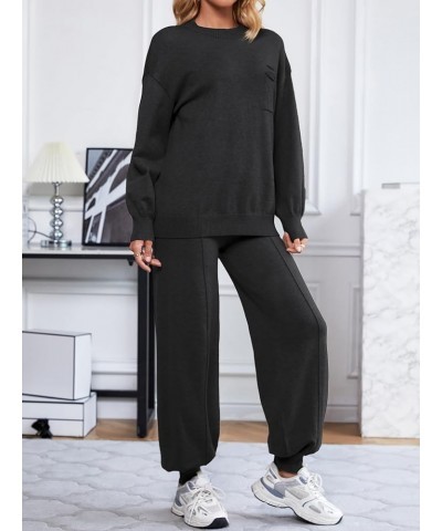 Two Piece Sweater Set for Women Long Sleeve Outfits Crew Neck Pullover Top with Sweatpants Knit Jogger Set Black $33.05 Activ...