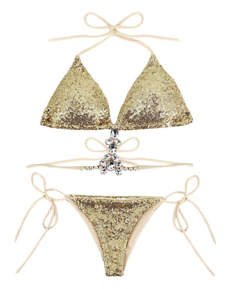 Women Triangle Bikini Set 2 Pieces Shiny Sequin Sexy String Beachwear Cross High Neck Halter Swimsuit Yellow $10.99 Swimsuits