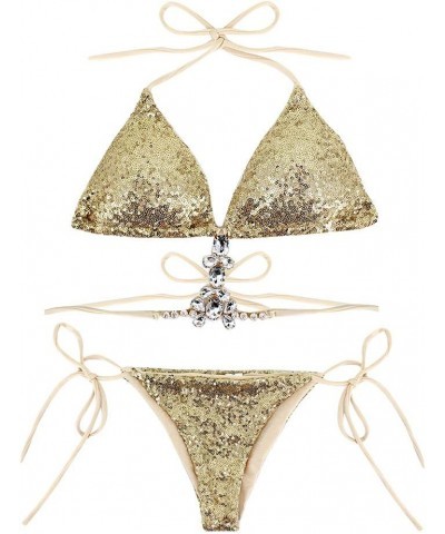 Women Triangle Bikini Set 2 Pieces Shiny Sequin Sexy String Beachwear Cross High Neck Halter Swimsuit Yellow $10.99 Swimsuits