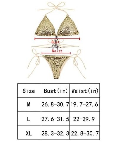 Women Triangle Bikini Set 2 Pieces Shiny Sequin Sexy String Beachwear Cross High Neck Halter Swimsuit Yellow $10.99 Swimsuits