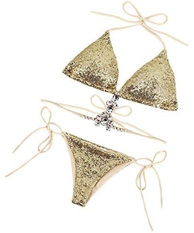 Women Triangle Bikini Set 2 Pieces Shiny Sequin Sexy String Beachwear Cross High Neck Halter Swimsuit Yellow $10.99 Swimsuits