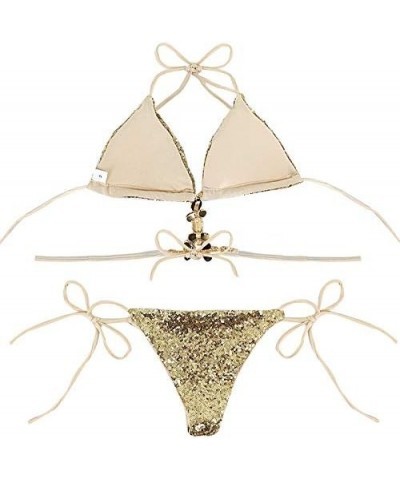 Women Triangle Bikini Set 2 Pieces Shiny Sequin Sexy String Beachwear Cross High Neck Halter Swimsuit Yellow $10.99 Swimsuits