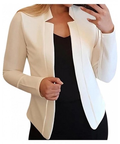 Women Fall Coats Open Front Cardigan Top Notched Collar Suit Office Ladies Blazer Jacket Daily Clothes Plain Work Shirt A-whi...