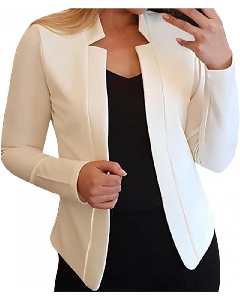 Women Fall Coats Open Front Cardigan Top Notched Collar Suit Office Ladies Blazer Jacket Daily Clothes Plain Work Shirt A-whi...