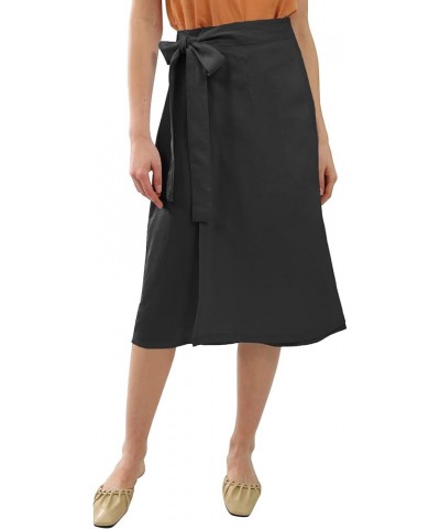 Womens Pure Linen Summer Beach Midi Side Wrap Slit Skirt Causal Black $17.15 Skirts