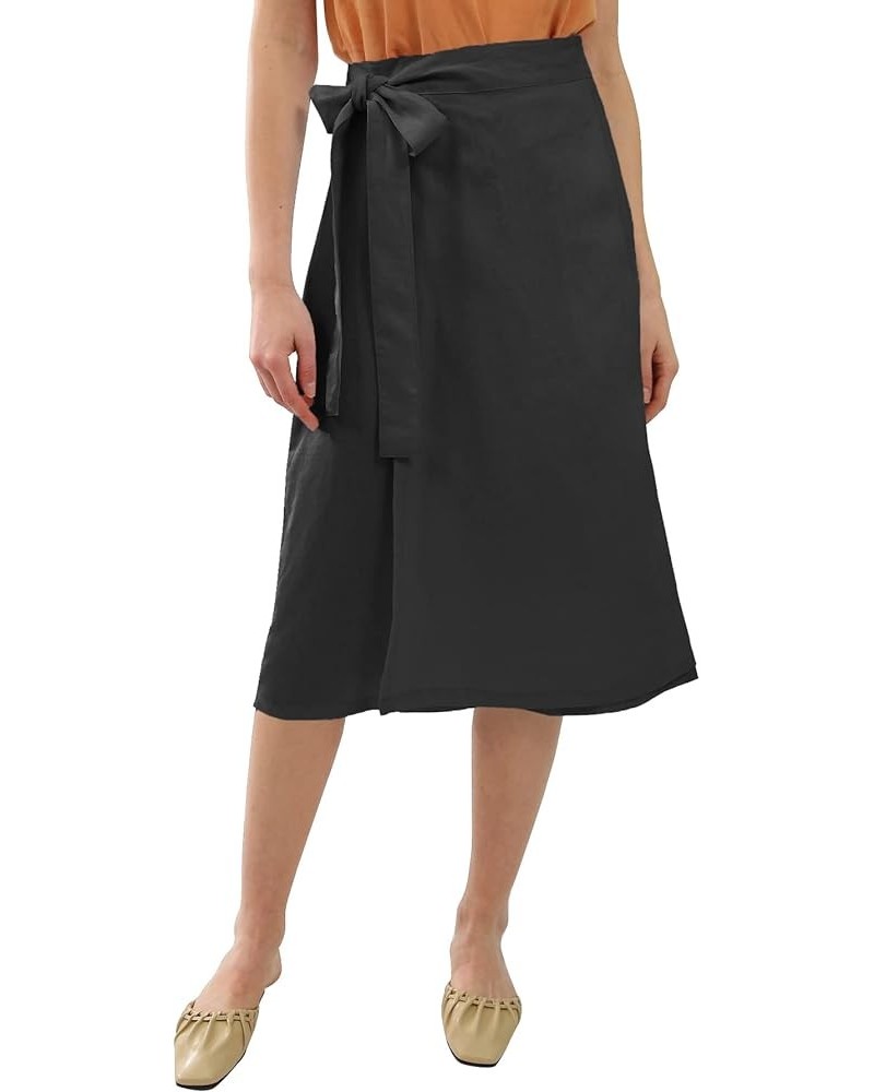 Womens Pure Linen Summer Beach Midi Side Wrap Slit Skirt Causal Black $17.15 Skirts