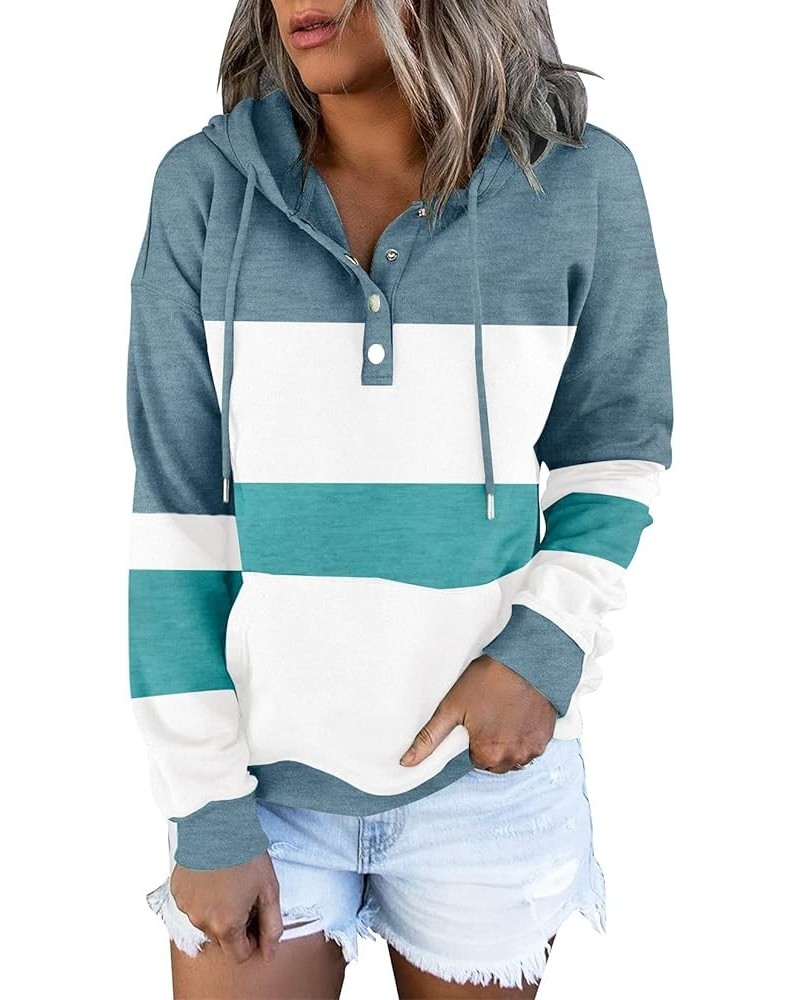 Women's Color Block Hoodies Tops Long Sleeve Casual Drawstring Button Down Pullover Sweatshirt with Pocket B Blue $22.40 Hood...