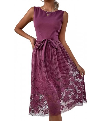 Women's Elegant Floral Lace A Line Dress Sleeveless Tie Waist Cocktail Party Dresses Purple $18.48 Dresses